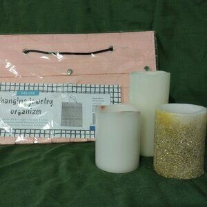 LOT OF 4 – 3  Battery Powered Candles and NIP Hanging Jewelry Organizer.